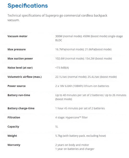 Superpro Go Cordless Backpack Vaccum